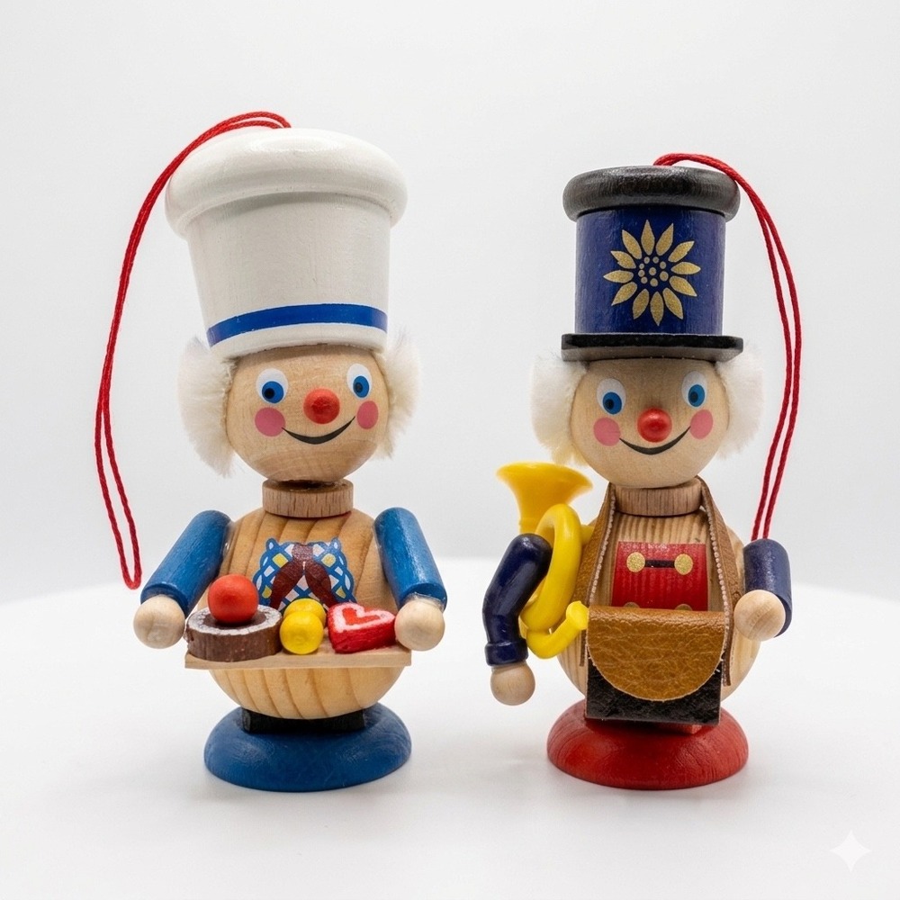 Steinbach West Germany Wooden Ornaments Chef & Musician Volkskunst Set of 2